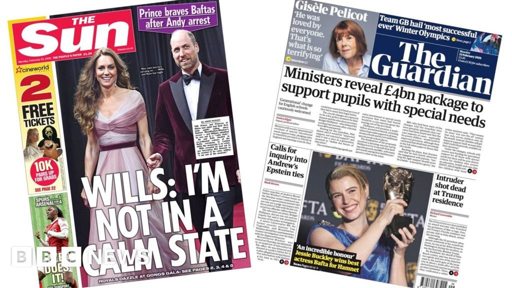 The Papers: William 'not calm, but carrying on' after Andrew arrest and a Bafta for Buckley